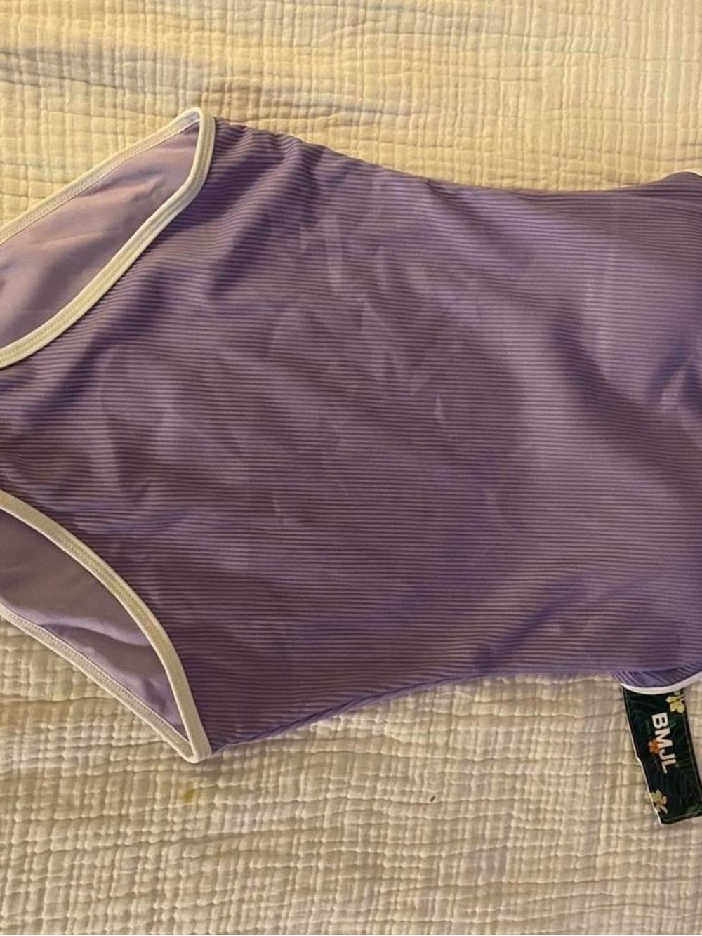 Scoop-Neck Lilac Ribbed One-Piece Swimsuit with Cream Trim
